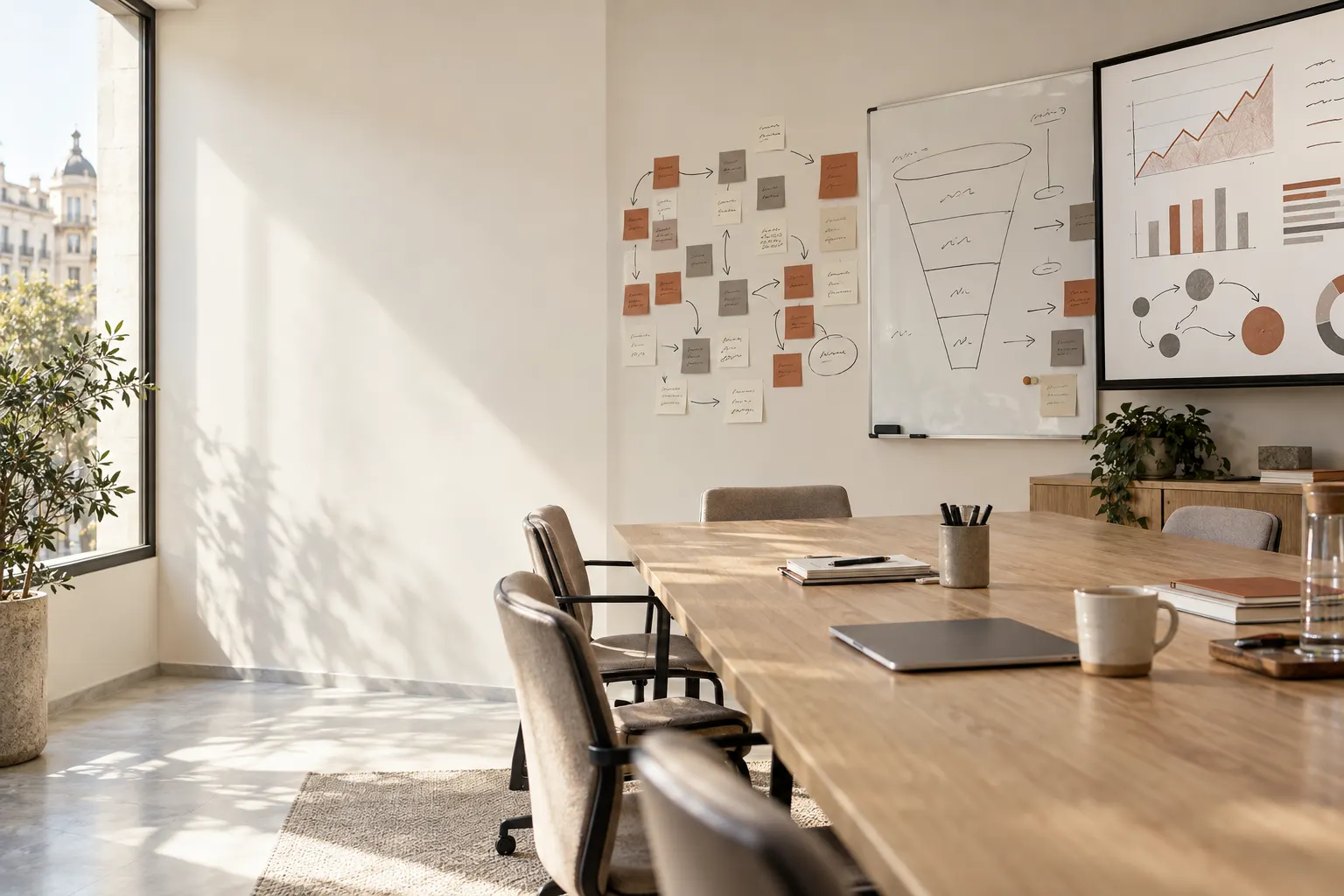 Imagen generada con IA: sala de estrategia con un mapa de procesos en notas adhesivas, una pizarra con un embudo de ventas y una pantalla con gráficos.