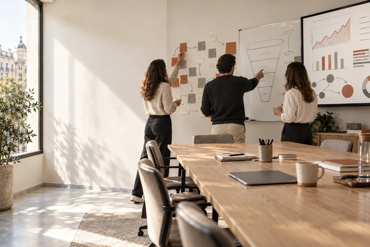 Imagen generada con IA: personas trabajando ante un mapa de procesos y un embudo de ventas.